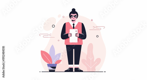 Stylized person in business attire holds a tablet, with abstract shapes and plants