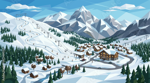 A low poly vector illustration of a bustling ski resort village with people skiing, snowboarding, and riding chairlifts in a snowy alpine mountain landscape.