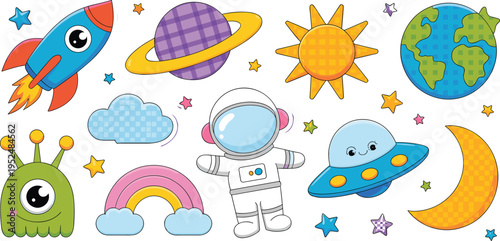 Flat vector set of cute outer space icons featuring astronaut rocket ship alien ufo and planets isolated on white background for kids nursery and educational graphic design projects.
