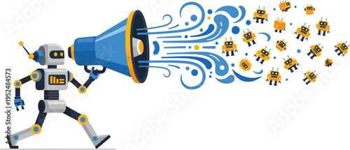 Robot holding a megaphone with bees flying out