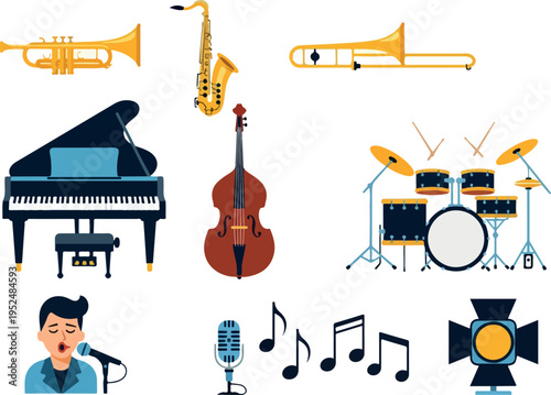 A vibrant collection of musical instruments and performance elements, capturing the essence of a live musical ensemble and its captivating sound production