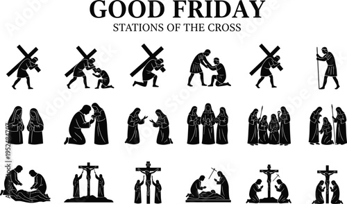 Black silhouette vector icons set of the Stations of the Cross for Good Friday and Holy Week depicting the passion and crucifixion of Jesus.