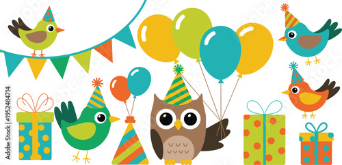 Cute vector set of party animals featuring owl and birds with balloons gifts and bunting for kids birthday celebration designs isolated on white background for graphic design.