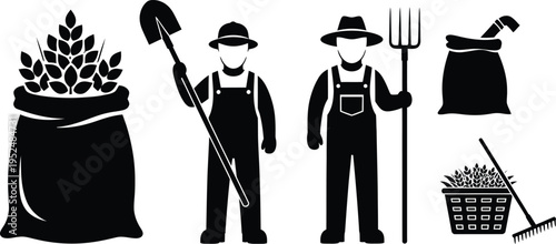 Farmers and farm tools in a simple black and white illustration style