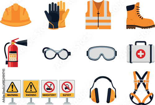 Set of work safety equipment icons, including hard hat, gloves, vest, boots, fire extinguisher, goggles, first aid kit, warning signs, earmuffs, and safety harness