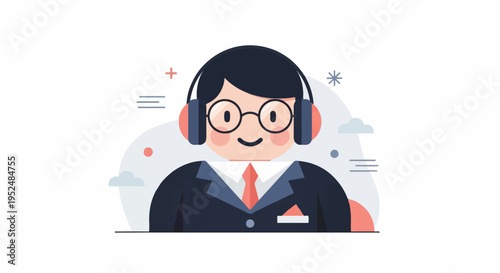 Stylized cartoon figure in suit and headphones, with abstract background