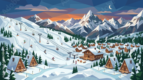 Stylized landscape of a bustling ski resort at dusk, with skiers on slopes, a chairlift, and a cozy village of illuminated chalets.
