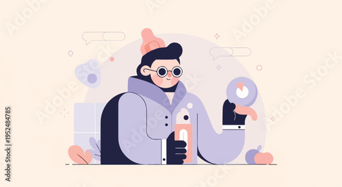 Stylized person in glasses holding a device and a drink
