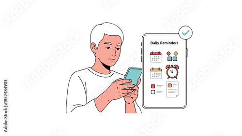 Illustration of a man checking his phone next to a large smartphone screen displaying daily reminders on a clean white background.