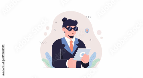 Stylized man in suit and sunglasses holding tablet, abstract background