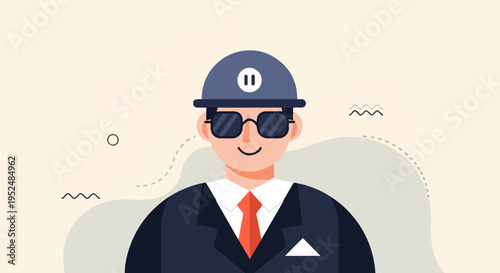 Stylized cartoon man in suit, sunglasses, and hard hat, abstract background