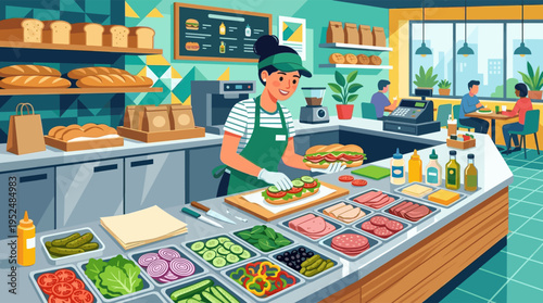 A smiling female worker in a green apron prepares a fresh submarine sandwich at a deli counter filled with colorful ingredients, with customers eating in the bright, modern cafe.