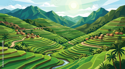 A beautiful vector landscape of Asian rice paddy terraces and a small village in a green mountain valley under a bright sun.