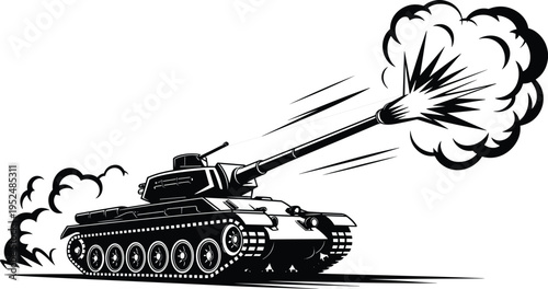 Black and white illustration of modern military tank firing cannon with explosive blast and trailing smoke, powerful armored combat vehicle design for warfare, defense, and technology concepts