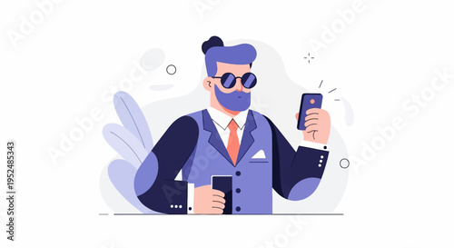 Stylized man in suit holding two smartphones, one for call, one for photo