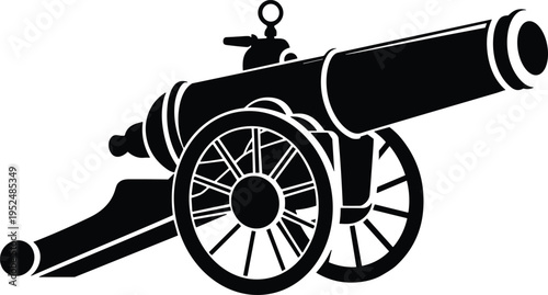 Black and white silhouette illustration of historical cannon with spoked wheels, artillery weapon design for warfare, defense, military history, and educational concepts