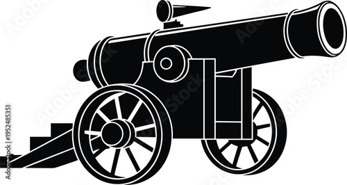 Black and white silhouette illustration of historical cannon with spoked wheels, antique artillery weapon design for warfare, military history, defense, and educational concepts