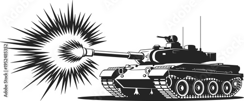 Black and white silhouette illustration of modern military tank firing cannon with explosive muzzle flash, armored combat vehicle design for warfare, defense, battle, and military technology concepts