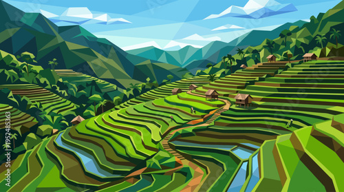 A low poly vector illustration of a scenic Asian landscape with lush green rice terraces, farmers working, and traditional huts nestled in the mountains.