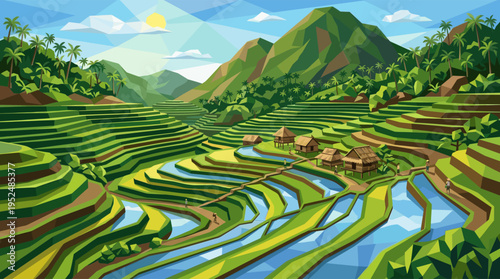 A low-poly vector illustration of a scenic Asian landscape with green rice terraces, a small village with huts, and lush tropical mountains under a sunny blue sky.