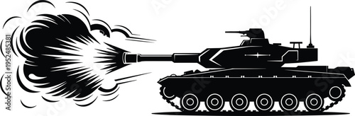 Black and white silhouette of modern military tank firing cannon with smoke burst, powerful war machine illustration for defense, combat, technology, and warfare concepts