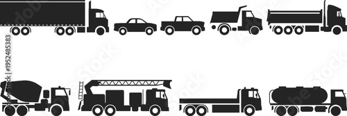 Black and white silhouettes of multiple vehicles including trucks, cars, construction equipment, and emergency transport icons for logistics, transportation, industry, and educational concepts 
