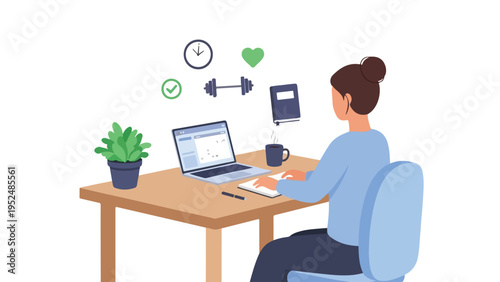 Illustration of a woman sitting at a desk working on a laptop with a plant, coffee, and smartphone nearby in a simple, flat design.