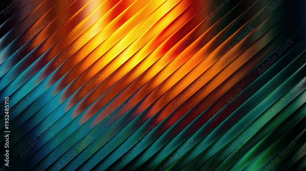 Obraz premium Abstract diagonal striped pattern with vibrant orange flame effect blending into deep turquoise and emerald green tones