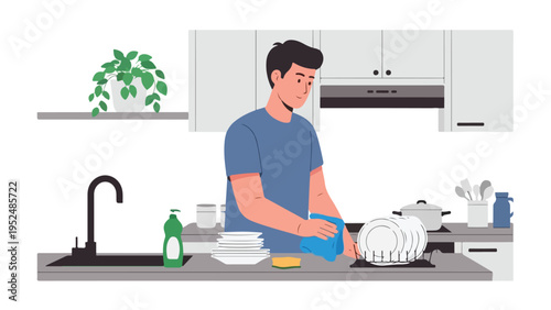 Man washing dishes in a modern kitchen with a sink, faucet, and various kitchen utensils and appliances.