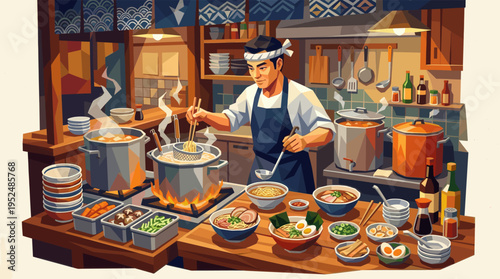 An illustration of a skilled Japanese chef preparing steaming bowls of ramen in a warm, traditional noodle shop kitchen, surrounded by fresh ingredients.
