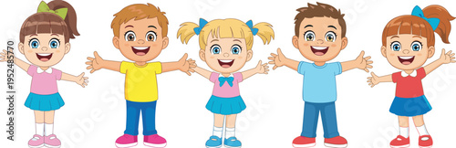 Cartoon illustration of five smiling children standing in a row with arms outstretched, playful character design for education, friendship, childhood, and storytelling concepts