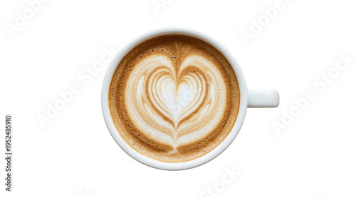 Tableau sur toile Delicate heart latte art adorns a fresh cup of coffee in a white mug, viewed from above
