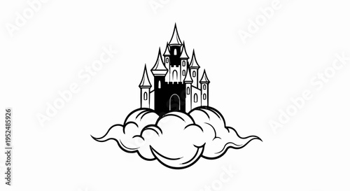 Stylized black castle on fluffy white clouds