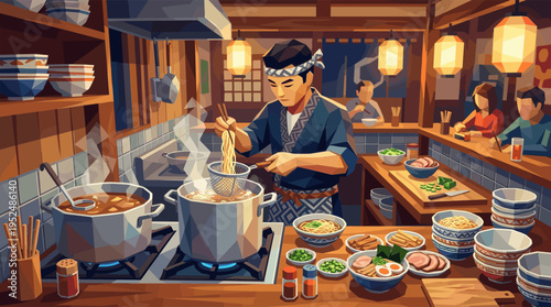 An illustration of a Japanese chef cooking hot, steamy ramen in a traditional noodle shop kitchen, with customers eating at the cozy, lantern-lit counter.