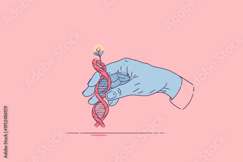 Human Hand Touching Glowing DNA Double Helix Texture