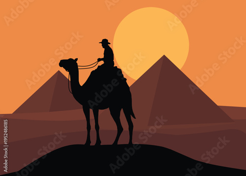 Camel rider silhouette in desert with egyptian pyramids at sunset flat vector illustration travel background.