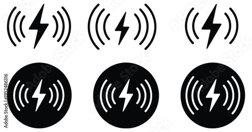 Wireless charging icon set, glowing symbols with lightning bolts, electromagnetic charger icons, battery charging and energy transfer concept for mobile devices isolated background.