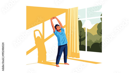 Illustration of a woman stretching in a modern room with large windows and yellow accents.