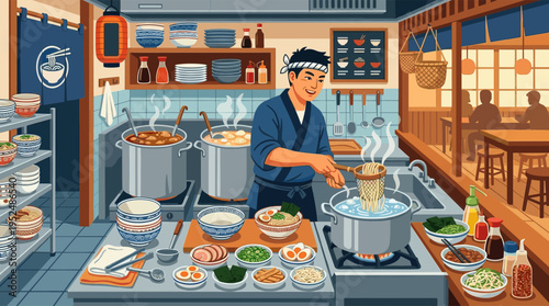 A smiling Japanese chef in a blue uniform prepares authentic ramen in a bustling, traditional restaurant kitchen, boiling noodles with fresh toppings and steaming broth ready on the counter.