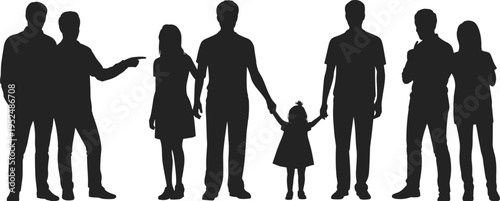 Black silhouette collection of diverse people including families holding hands, a child, couples, and men pointing isolated on white background.