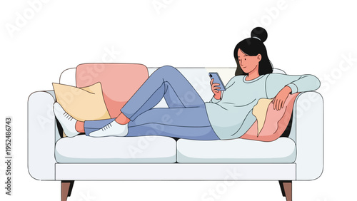 A woman reclines on a white couch with colorful pillows, casually browsing her phone in a relaxed pose against a plain white background.