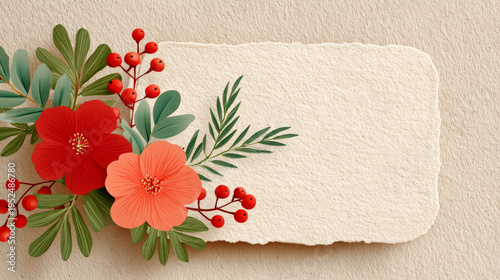 Soft, elegant design featuring a piece of torn-edge handmade paper accented by red and peach flowers, green leaves, and clusters of red berries.