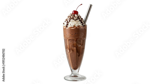 Chocolate milkshake with fluffy whipped cream, rich chocolate syrup, and a bright red cherry. Served in a tall glass with a metal straw, a refreshing sweet indulgence