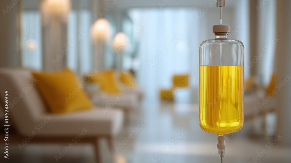 Fototapeta premium Yellow IV infusion bag in cozy living setting, candles and soft lighting, plush seating and warm textiles, portable infusion setup for residential recovery, calm supportive atmosphere for healing