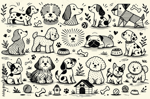 Hand drawn cute dog doodle set with various breeds, poses, bones, and pet elements. Cartoon style illustration ideal for kids designs, pet shops, stickers, and animal themed graphics.
