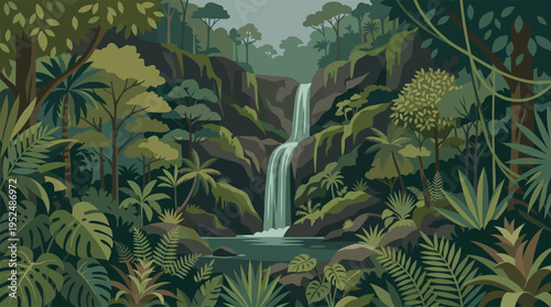 A flat vector illustration of a serene waterfall cascading down rocks into a pool, surrounded by dense, green tropical foliage and trees in a lush jungle setting.