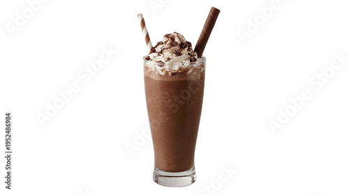 Quadro su tela Deliciously creamy chocolate blended beverage, topped with fluffy whipped cream, sweet sprinkles, and crispy wafer sticks