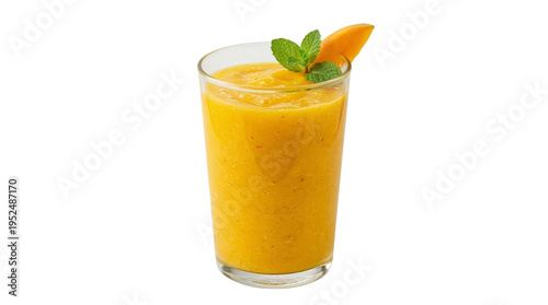Refreshing tropical mango smoothie, a vibrant and healthy fruit blend served in a clear glass, garnished with fresh mint and a juicy mango slice