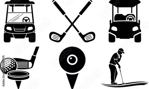 Collection of golf themed icons including clubs carts and player illustration