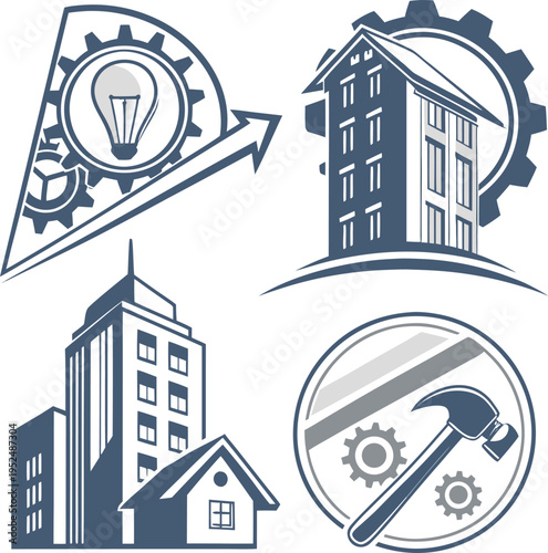 Set of 4 construction icons vector, building, architecture, engineering